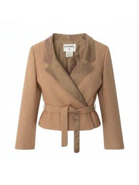 Chanel C Vintage Tweed Jacket Short Length Waist Ribbon 38 Beige